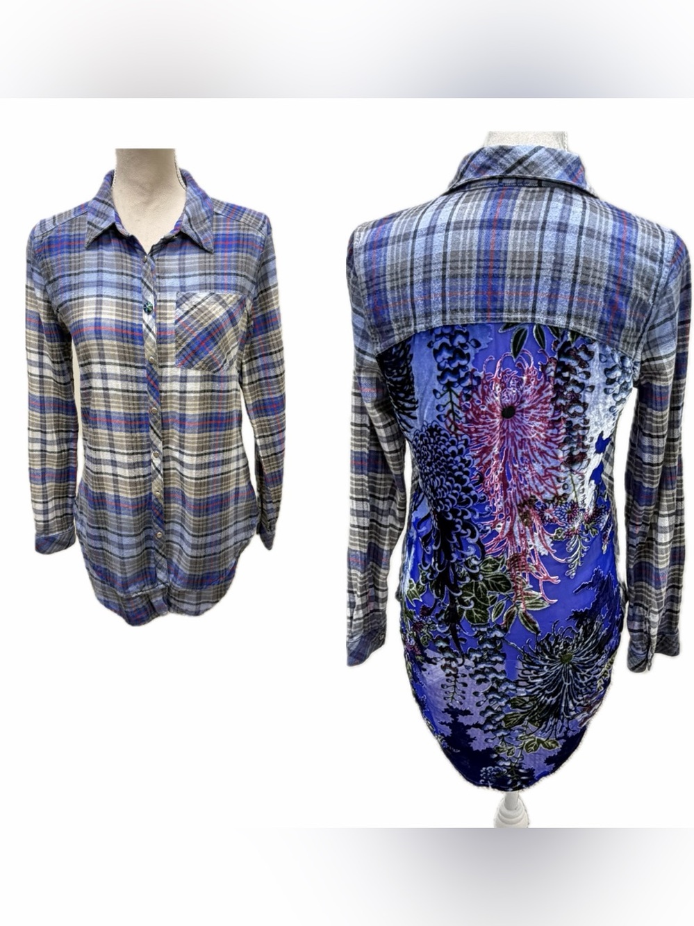 Aratta Silent Journey Plaid Flannel Top S Burnout Velvet Shirt Cotton Silk  Boho